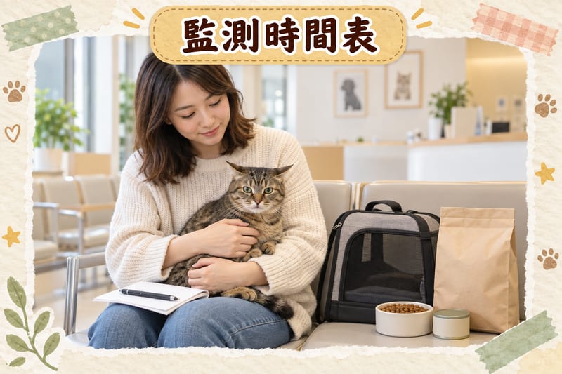 主人抱住短毛家貓坐喺獸醫診所候診區,膝上放住驗血報告同記錄紙,旁邊放住寵物提袋同裝有乾糧嘅食物盒,貓咪耳朵微微向後望住鏡頭外,診所白光柔和