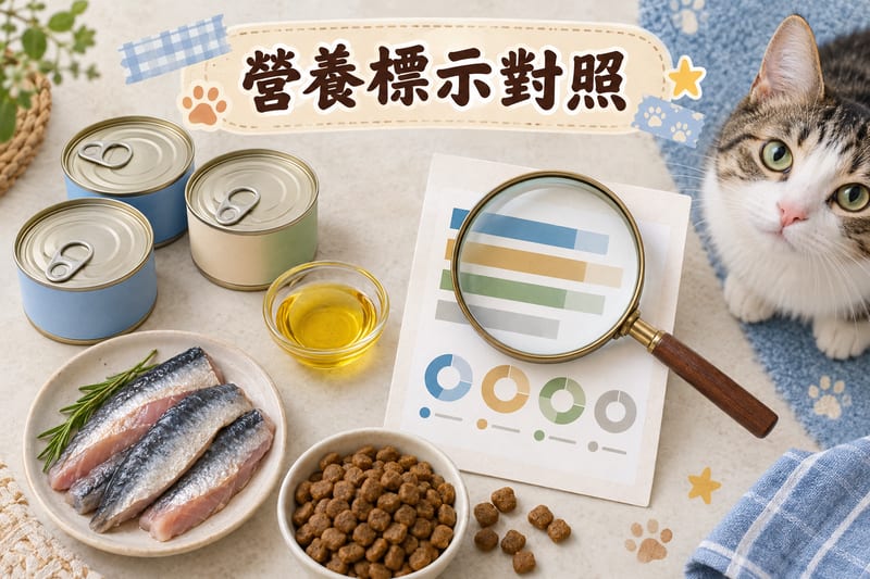 貓咪主食糧同魚油成分標示對照,逐項比較 EPA 同 DHA 含量標示