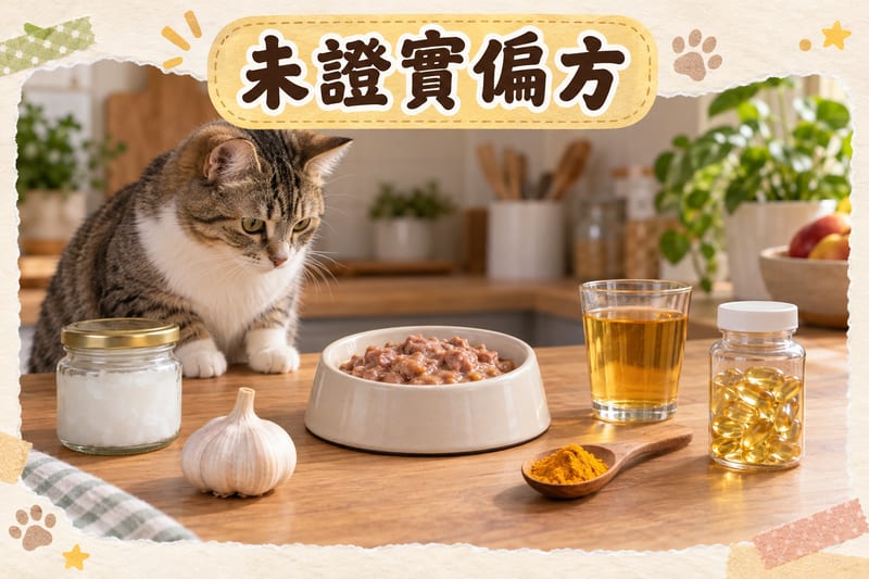 主人手持貓碗準備餵食,檯面分開擺放椰子油、蒜頭同薑黃粉等未證實偏方食材