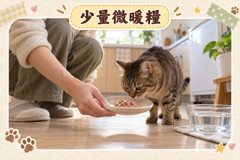 午後陽光斜照廚房地板,短毛虎斑貓低頭嗅住寬淺碟上嘅一小份微暖濕糧,旁邊有刻度水碗盛住清水