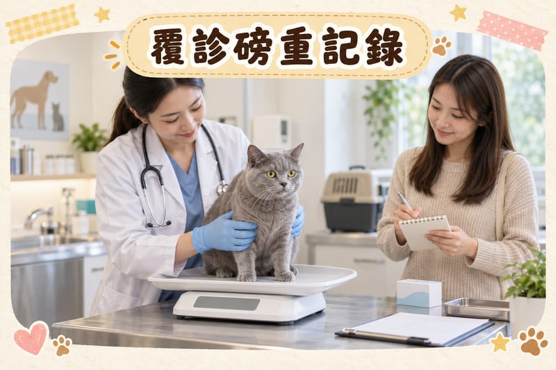 診症室內,灰白短毛貓坐喺電子磅上,獸醫單手扶穩磅面,主人手執原子筆記錄數字