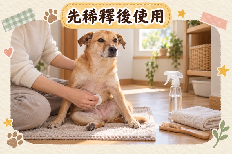 一隻短毛唐狗坐喺浴室地墊上,主人用稀釋醋水沾濕棉墊輕抹狗狗腹部皮膚,旁邊放住玻璃噴壺、木梳同乾淨毛巾,柔和日光從窗口照入