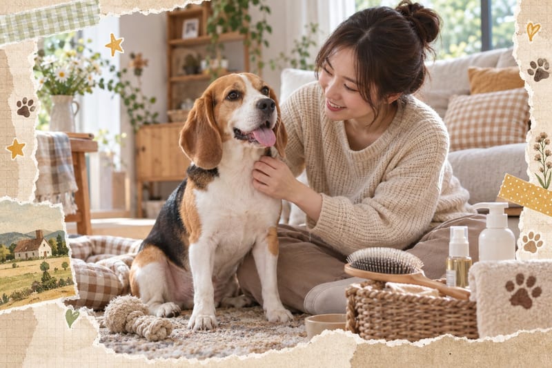 比格犬同主人喺郊野徑散步,主人手持牽繩同垃圾袋,示範負責任放電
