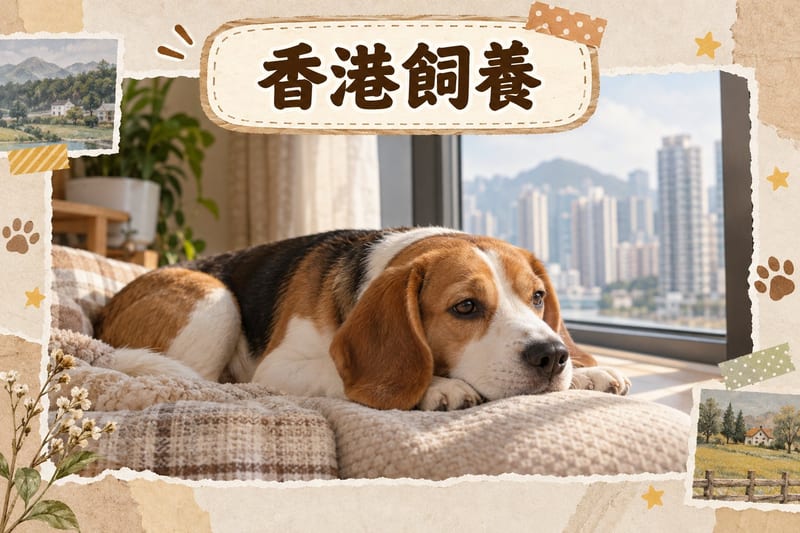 比格犬喺香港寵物友善公園草地上嗅聞,背景係城市高樓