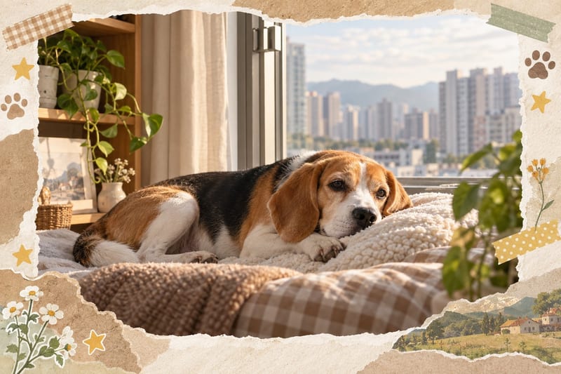 比格犬喺室內地墊上休息,主人用毛刷幫佢梳毛,旁邊放住耳道清潔液