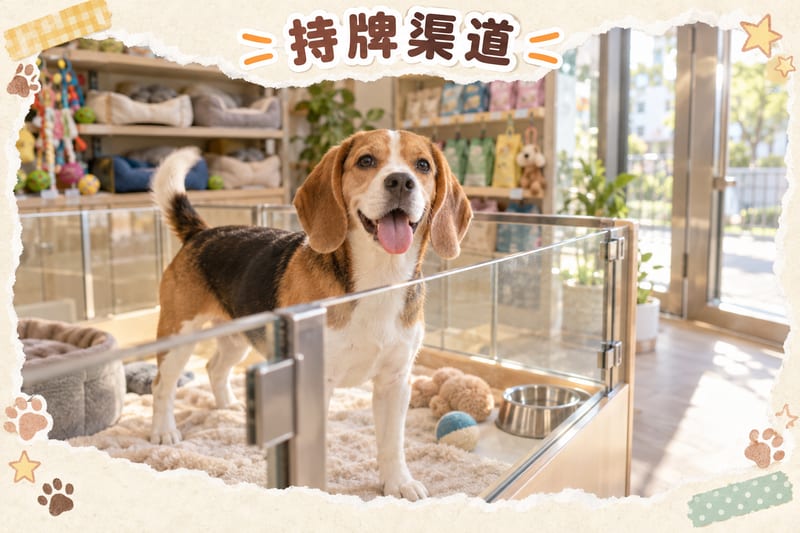 Beagle sniffing grass in a pet-friendly park in Hong Kong, with city high-rises in the background