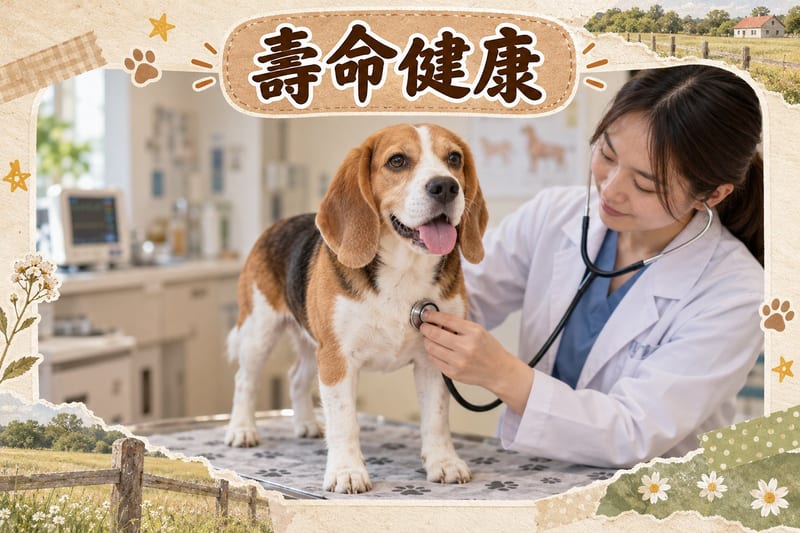 一隻年長比格犬喺獸醫診所接受檢查,獸醫輕輕摸住佢嘅腹部