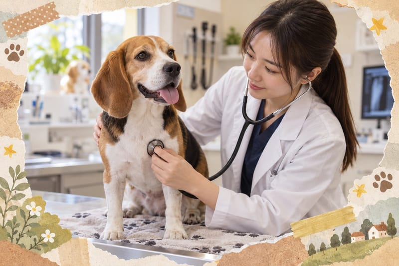 比格犬同主人喺黃昏時分散步,狗隻回頭望住主人,氣氛平靜溫馨