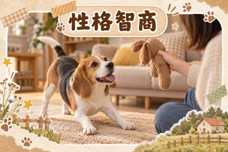比格犬喺草地上專注嗅聞，尾巴翹起，展現獵犬工作時嘅專注樣