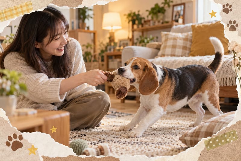主人喺客廳用零食同漏食球同比格犬做訓練，狗隻專注坐下等待