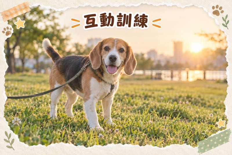 Owner training a Beagle in the living room with treats and a treat-dispensing ball, dog focused and sitting waiting