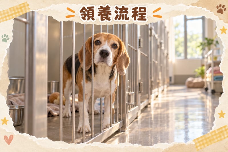 A volunteer walking an adult beagle along a corridor at an adoption centre, the dog looking up at the camera