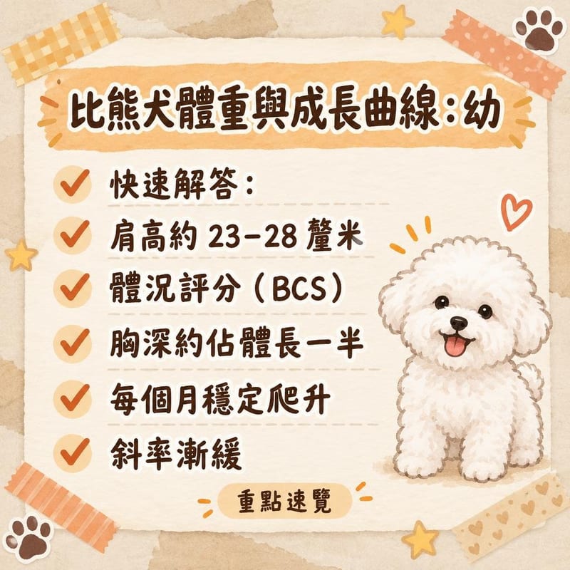 手繪風格圖表：比熊犬由三個月到十五個月嘅體重成長曲線，旁邊坐住一隻咬住玩具嘅幼犬