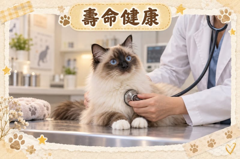 獸醫用聽筒為伯曼貓做心臟檢查，主人喺旁邊安撫