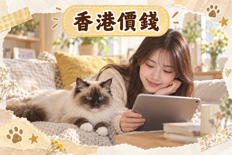 領養中心內一隻重點色長毛貓望住鏡頭,旁邊貼住待領資料卡