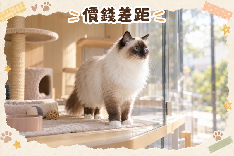 A colourpoint long-haired cat looking at the camera in an adoption centre, with an information card nearby