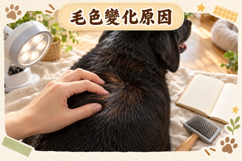 黑狗毛色變化嘅六類原因示意圖,左邊係陽光下變紅褐嘅背部毛尖,中間係腳掌因長期舔舐而變鏽紅嘅毛,右邊係獸醫用皮膚鏡檢查毛囊