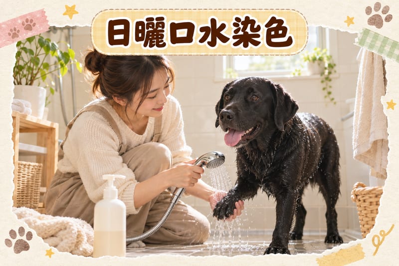 黑狗毛色變咖啡色嘅外在因素示意圖,一邊係陽光直射下嘅黑色狗狗背部,一邊係狗主人用清水沖洗狗狗腳掌上嘅口水染色位置