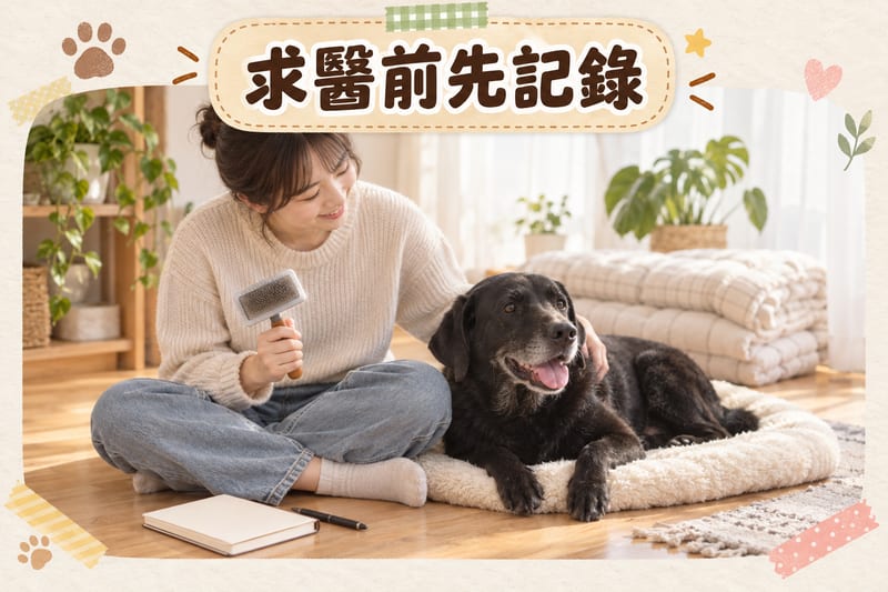 黑狗毛色異常求醫前準備示意圖,主人將狗狗皮膚、毛根顏色同舔咬紀錄對照獸醫檢查表,旁邊放住梳同筆記本