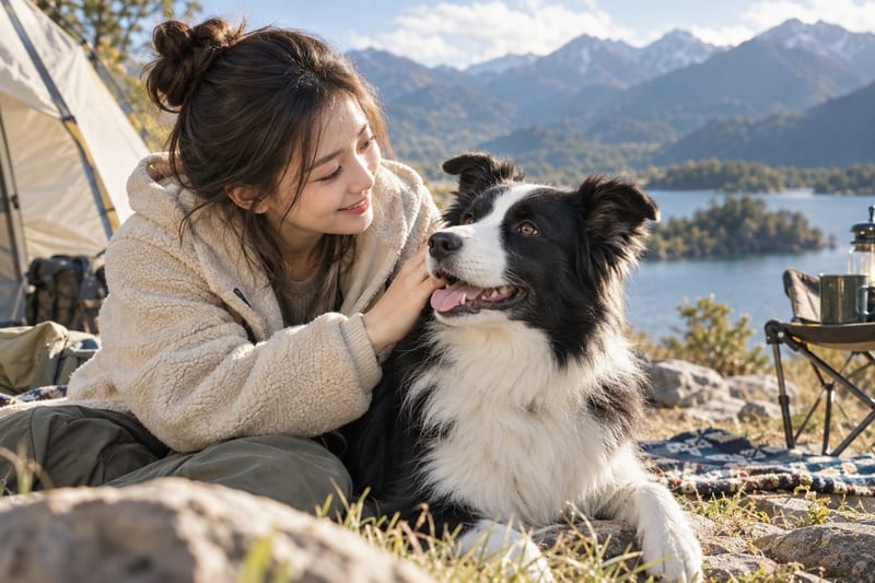 一隻紅白色邊境牧羊犬幼犬喺草地上休息,毛色柔和