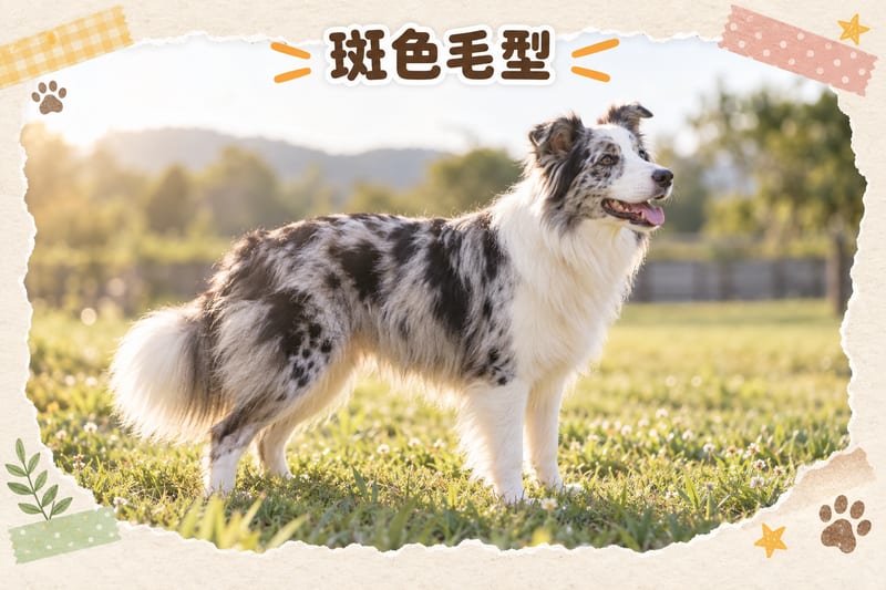 A blue merle Border Collie standing on grass, grey-black patches clearly visible