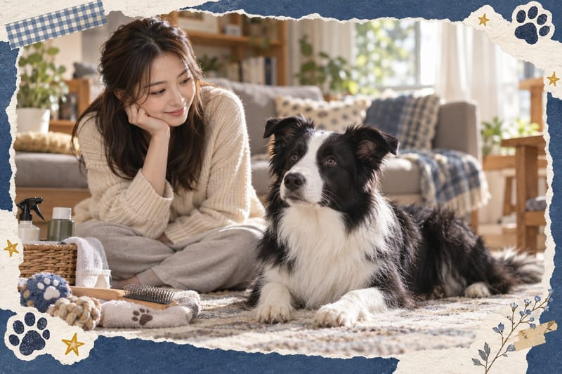 一隻邊境牧羊犬安靜瞓喺客廳狗床,主人喺工作緊
