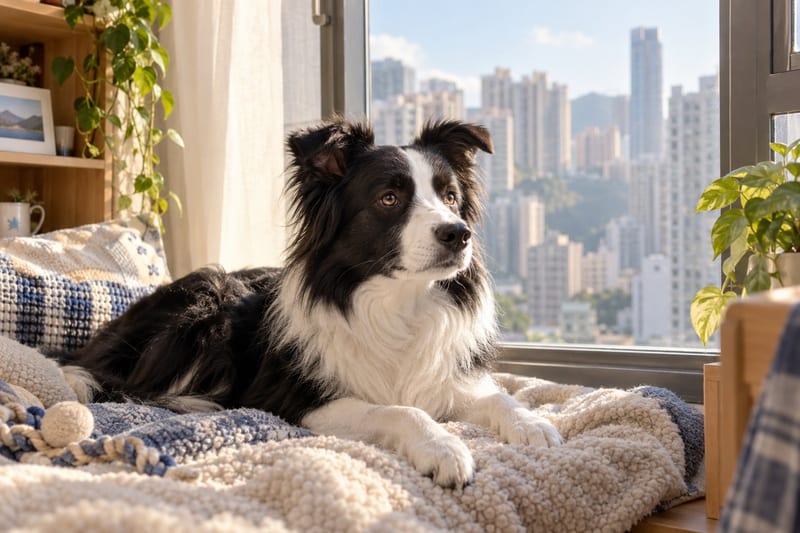 邊境牧羊犬戴住牽繩喺香港屋苑樓下等lift,主人握實繩