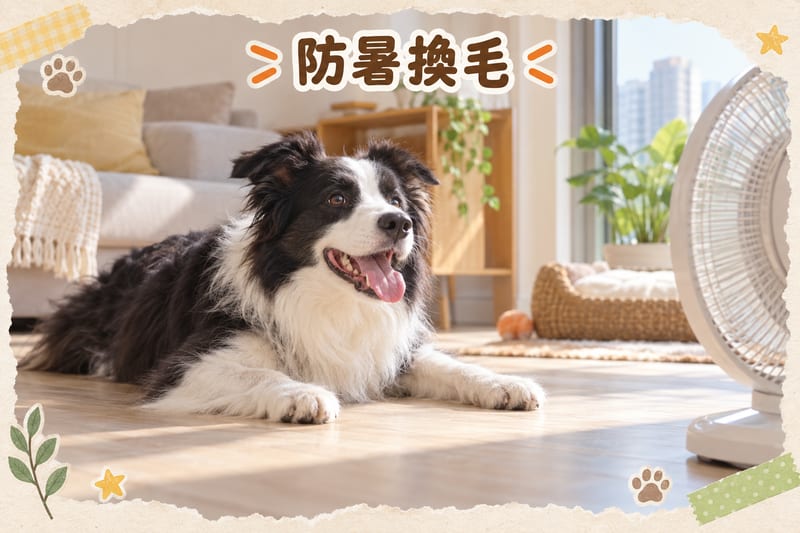 Border Collie drinking water to cool down in a Hong Kong summer, with a cooling mat on the floor