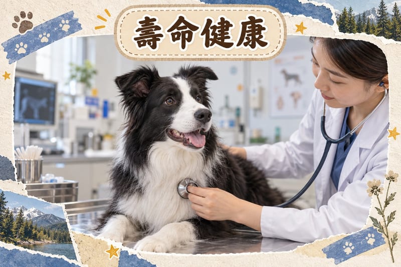 一隻老年黑白邊境牧羊犬喺獸醫診所接受健康檢查