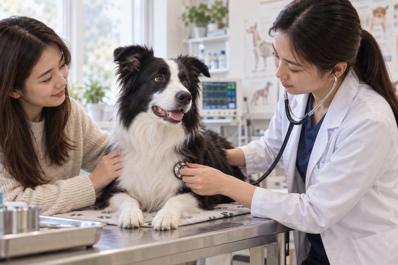 一隻老年邊境牧羊犬喺家中防滑墊上安詳休息