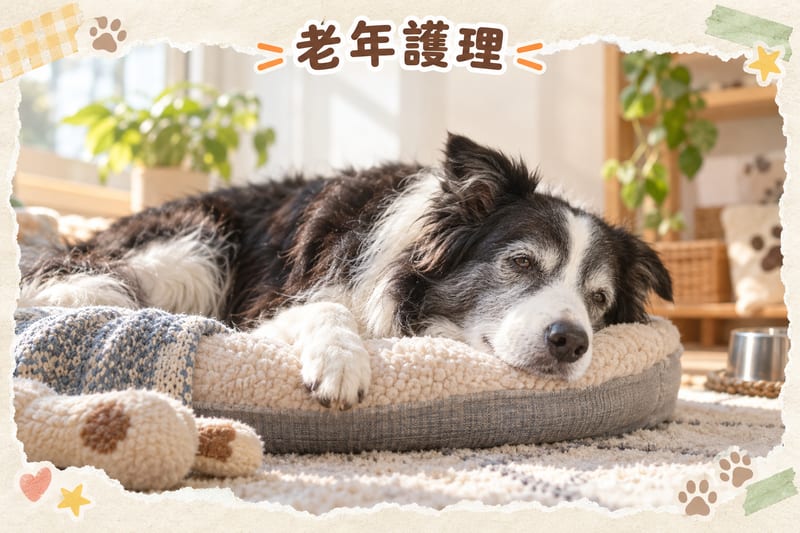 An older Border Collie resting peacefully on a non-slip mat at home