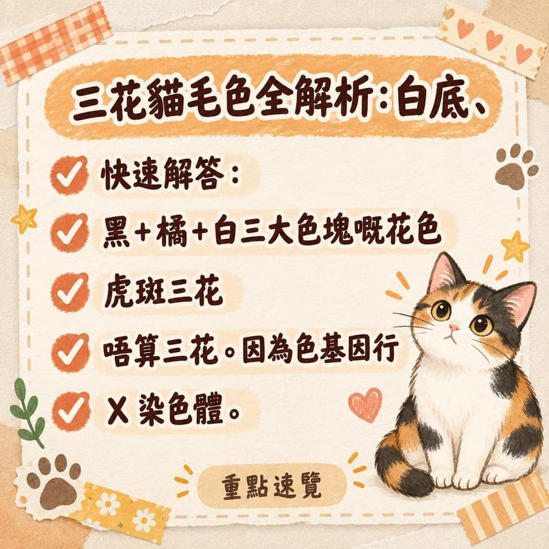 示意圖風格:三花貓身上黑橘白斑塊邊界清晰,旁側標註 X 染色體隨機失活原理嘅手繪筆記