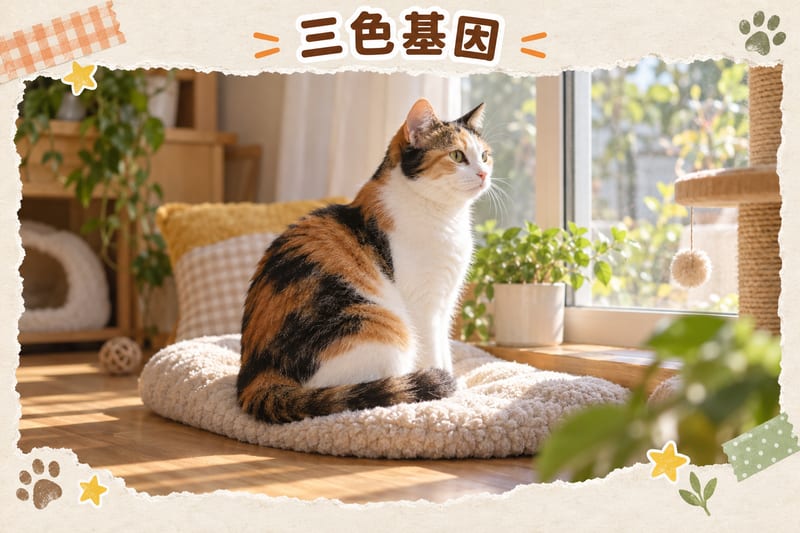 示意圖風格：三花貓身上黑橘白斑塊邊界清晰，旁側標註 X 染色體隨機失活原理嘅手繪筆記