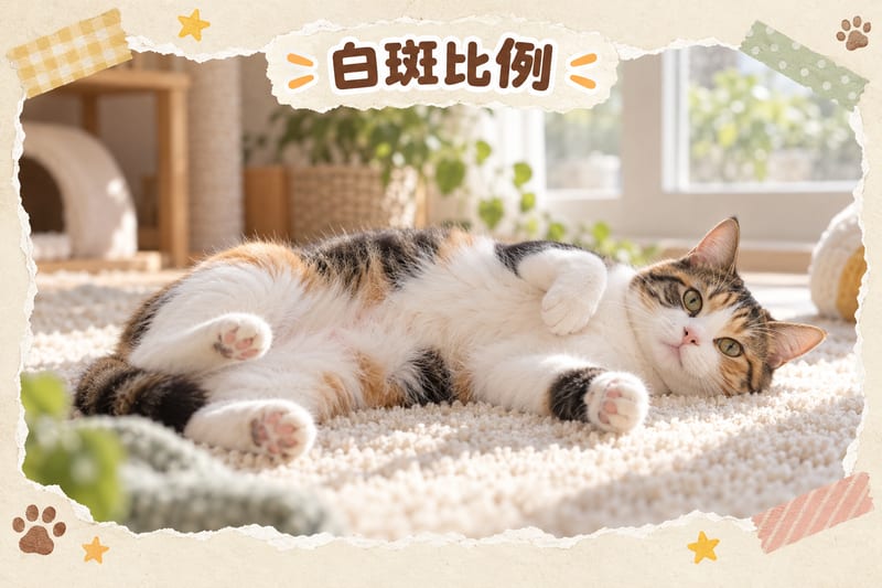 一隻高白斑三花貓瞓喺白色床墊上，藍眼，旁邊主人以梳子輕力梳毛