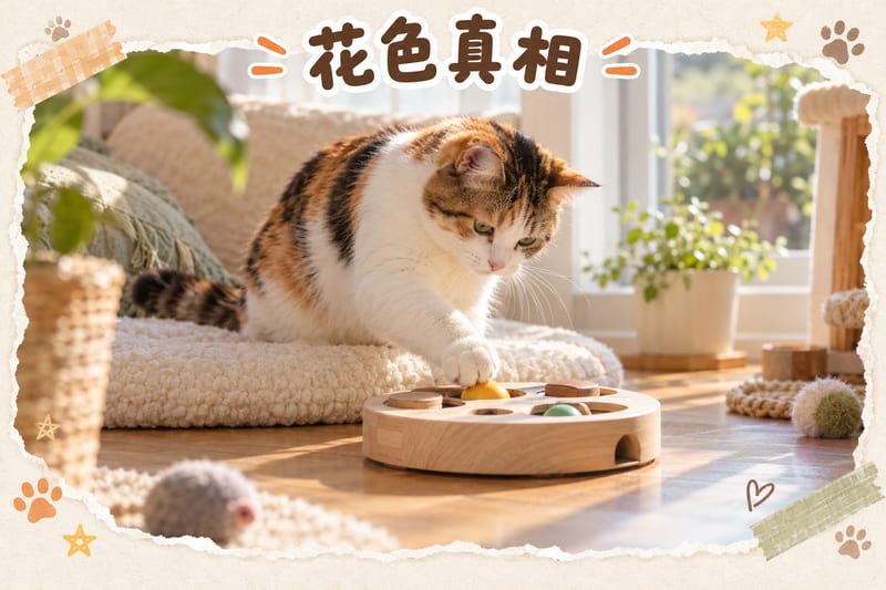 三花貓同虎斑貓隔住玻璃門互相對望，一隻坐姿端正版一隻好奇伸爪，下方手繪問號