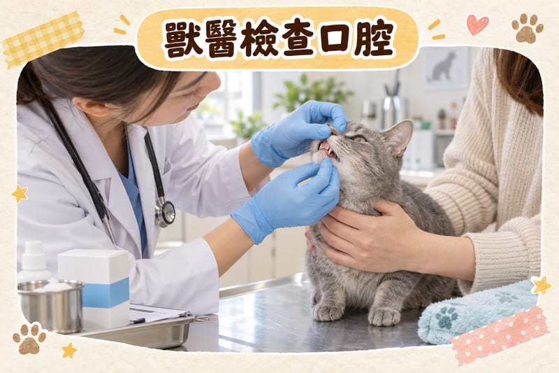 獸醫診所診症室,獸醫戴手套檢查短毛貓口腔,主人抱住貓,桌上放住藥盒同病歷