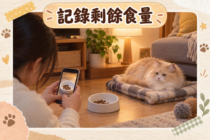 客廳梳化旁邊,主人用手機影低食碗剩餘份量準備記錄,長毛貓趴喺墊上休息