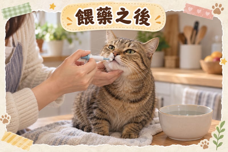 主人用餵藥器將藥丸送到虎斑貓口角,旁邊放住一碗清水