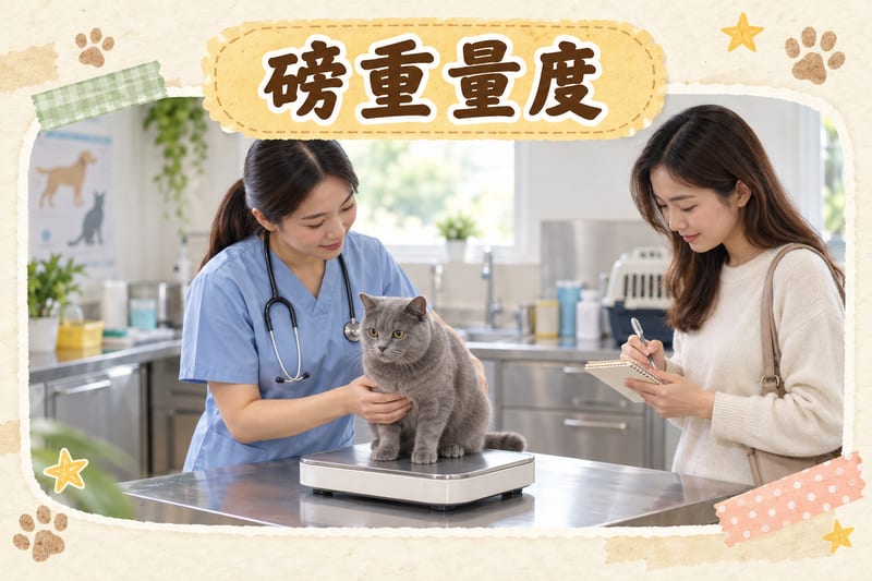 獸醫診所診症室內，獸醫用電子磅替短毛貓磅重，主人喺旁邊寫低數字