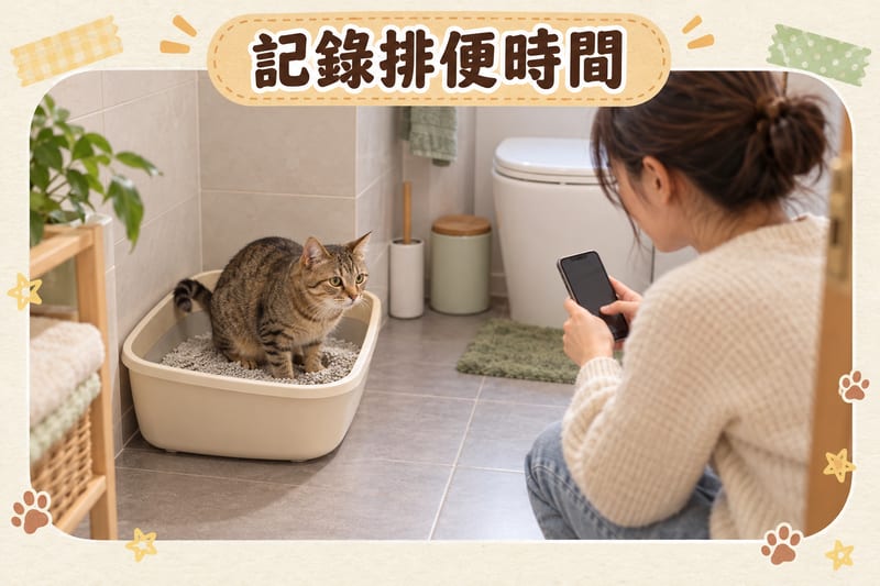 貓咪食藥後蹲喺貓砂盆旁，主人用手機記錄排便時間同糞便形態