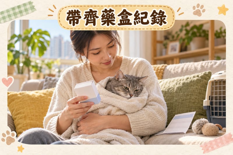 主人抱住腹瀉嘅貓咪，另一隻手拎住藥盒同診所預約紀錄