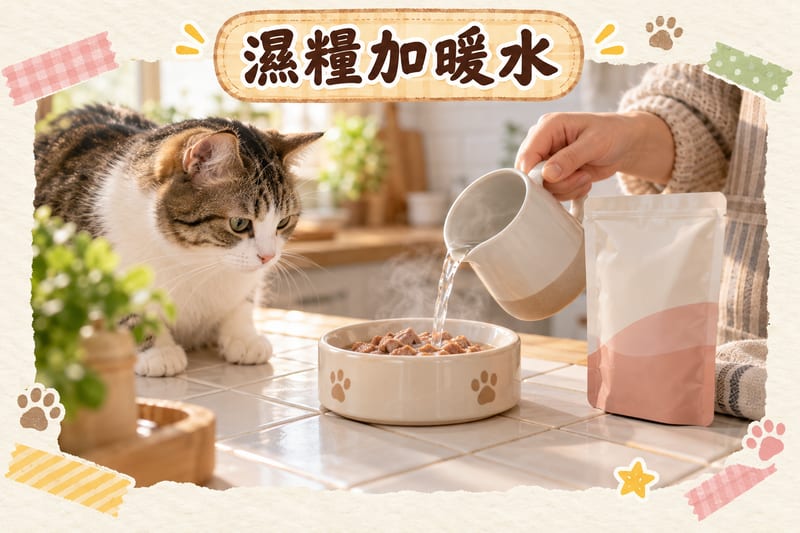 主人將暖水倒入貓咪嘅濕糧碗，旁邊放有標示腸胃敏感嘅貓糧包裝