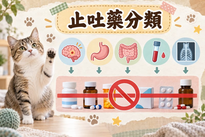 貓咪止吐藥分類示意，由獸醫處方藥物到必須先排除異物阻塞嘅流程