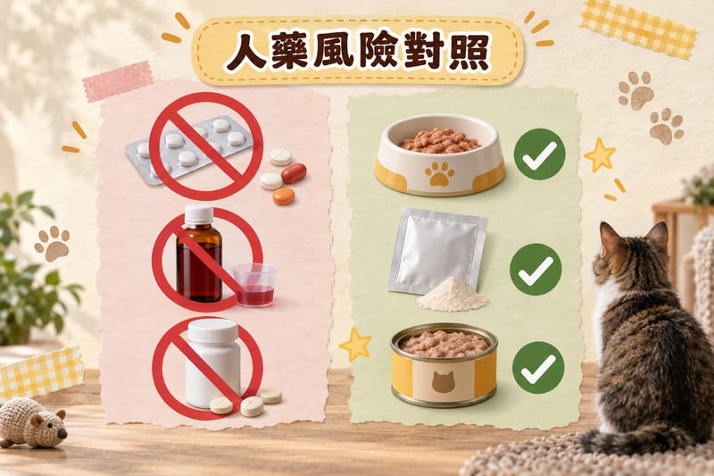 人用止瀉藥同家居偏方對貓嘅風險對照，由洛哌丁胺到含樟腦成藥逐項標示