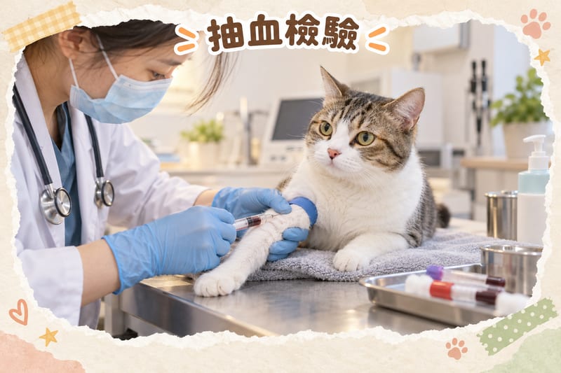 cat-calcium-disorder-guide 知識圖卡:獸醫喺診所枱上為一隻短毛家貓抽血準備驗總鈣同離子鈣