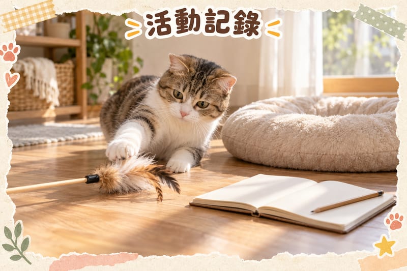 cat-calcium-disorder-guide 知識圖卡:屋企地板上逗貓棒同軟墊並排,旁邊有手寫紀錄紙記錄跳躍次數