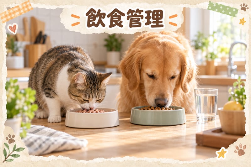 cat-calcium-disorder-guide 知識圖卡:廚房枱上兩個食碗,一個裝濕糧一個裝乾糧加溫水,旁邊有量杯