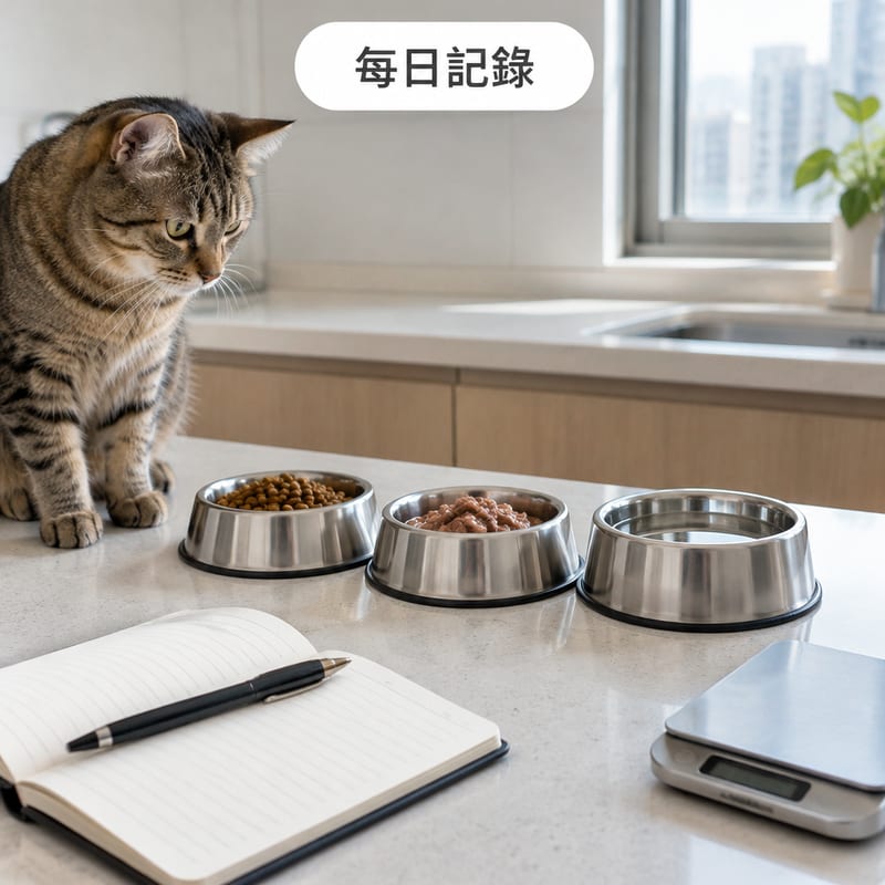 淺色廚房檯面上並排三個貓碗,分別放住乾糧、濕糧同清水,旁邊有一本寫滿數字的記錄簿同一支筆