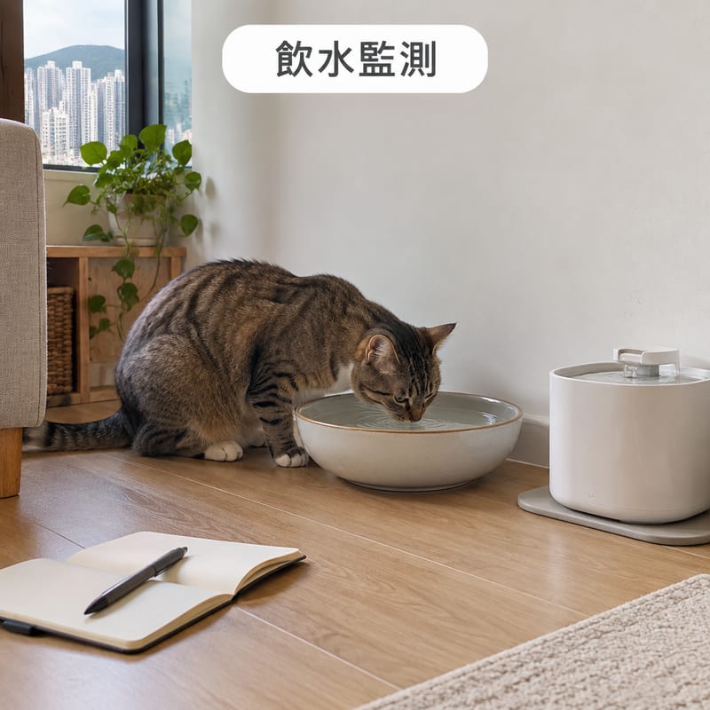 香港單位客廳一角,淺身水碗同流動水機放在牆邊,一隻短毛貓正在飲水,旁邊有記錄簿同筆