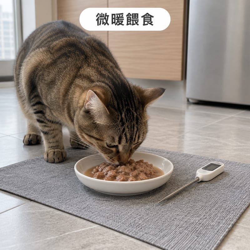 香港家居餐墊上放住一個淺身白碟,碟內係微暖嘅貓濕糧,旁邊有一支溫度計同一隻短毛貓低頭進食
